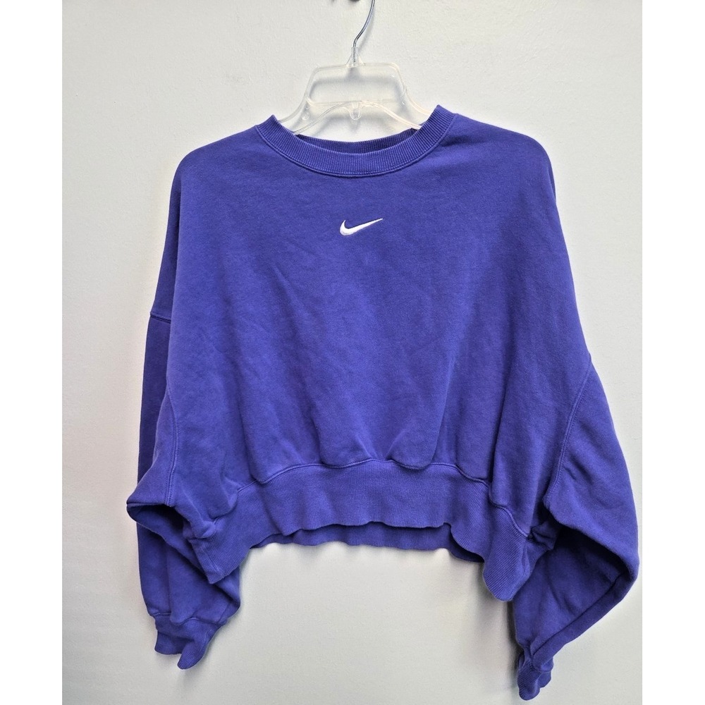NIKE Women Small Oversized Crop Sweatshirt Large Purple Cotton Embroidered Logo